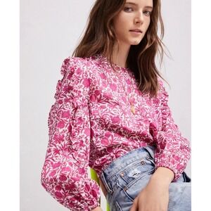 J.Crew Liberty Fabric Top Sambourne Floral Ruffle Puff Sleeve Azalea Pink
